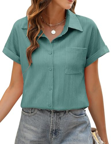 PASUDA Camicia Donna Estiva Camicetta Elegante Blusa Manica Corta da Donna Maglia Estiva Maglietta Casual Scollo a V con Bottoni Shirt Tinta Unita Classico Tops (Verde Erba, XL)