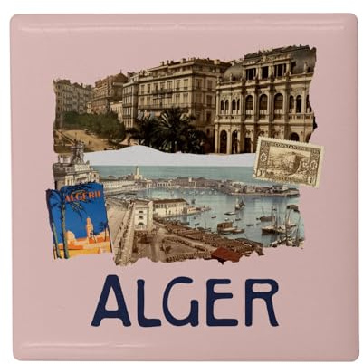 Fyrkantig keramisk kylskåpsmagnet - alger collage reseturism vykort - format 5 x 5 cm, dekorativ magnet souvenir för kylskåp och magnettavla, tryckt i Frankrike