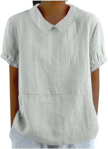 Magliette in Lino e Cotone Donna Camicie con Maniche Corte e Colletto a Revers in Tinta Unita Maglietta Curvy e Confortevole Leggera e Traspirante Blusa per L'Estate Camicetta alla Moda da Indossare