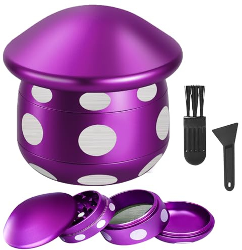 LHOEST Grinder 50MM Crusher 24 Grinding Teeth Metal Grinder Red Purple Mushroom Design Cool 4 Layers Grinders Metal Crusher for Spice Mill with Scraper Plastic Brush