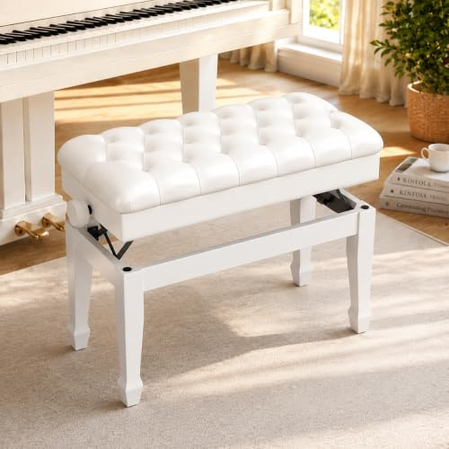 LIFERUN Dubbel pianobänk 72 x 34 x 50 cm, lång pianostol justerbar höjd, pianobank av förtjockat PU-läder med förvaringsutrymme, robust pianopall av massivt trä med böjda ben, vit