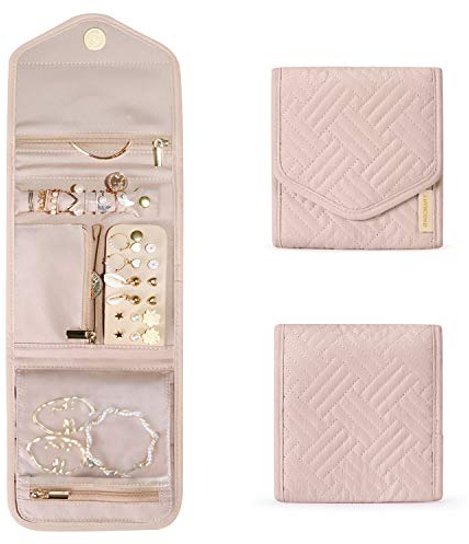 BAGSMART Travel Jewelry Organizer Case Foldable Small Jewelry Roll for Journey Rings, Necklaces, Earrings, Bracelets,Mini,Soft Pink