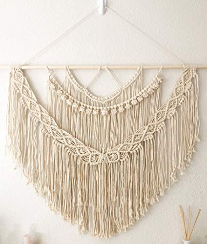 JKJND Große Wandbehang Makramee Über Kopfteil Beige Makramee Wandteppiche Handgemachte Böhmische Wände Dekor Makramee Hochzeit Hintergrund Baumwollseil Kunst, 90cm B X 80cm L (Beige)