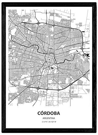 Nacnic affisch med karta över Cordoba - Argentina. Bilder på latinamerikanska städer med hav och floder i svart. A4 storlek