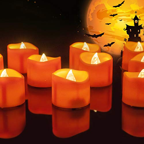 Homemory Halloween 12 Pack Orange Tea Light Candles, Battery Operated LED Tealights, Small Pumpkins Lights, Flameless, Electric Fake Tea Candles, 1.4x1.25