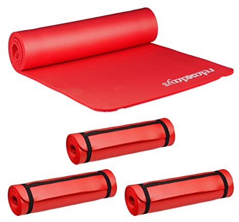 Relaxdays Tapis Yoga, Lot de 4, 1 cm épaisseur Doux Caoutchouc Sangle Transport Pilates aérobic HxlxP: 1 x 61,5 x 182 cm, Rouge