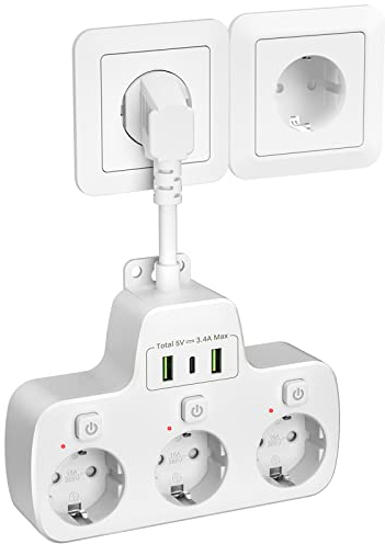 Ladron Enchufes con Interruptor,Regletas Enchufes USB C 3 Tomas Regleta Enchufes con Interruptor Individual Ahorro Energía Adaptador Enchufe Multiple Pared con 3 Carga Rápida USB,Cable 0,1m,Blanco