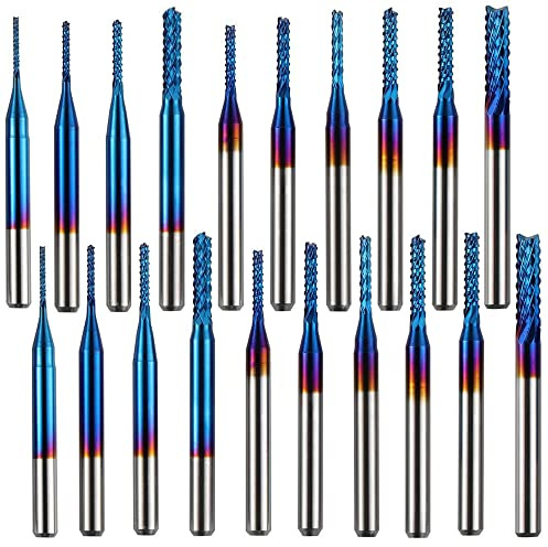 ASNOMY 20Pcs Nano Blue Coat Schaftfräser CNC Gravierfräser, 0.8-3.175mm CNC Spiralfräser Router Bits mit 1/8 Schaft, CNC Fräser-Satz für Kunststoff, Aluminium, Leiterplatten, Holz