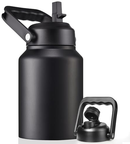 EALGRO Half Gallon Insulated Water Bottle Jug with Straw, 64 oz Large Stainless Steel Sports Metal Water Flask with Handle, Thermal Water Cup Mug with 2 Lids, Black