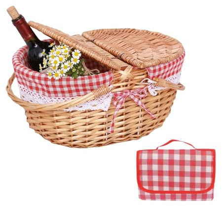 GOVNPJ Wicker Picnic Baskets, Country Vintage Picnic Basket with Picnic Cloth Split Lid Picnic Basket, with Folding Handle Picnic Hamper for Picnic Hiking Camping(13.78 D x 9.84 W x 6.69 H)