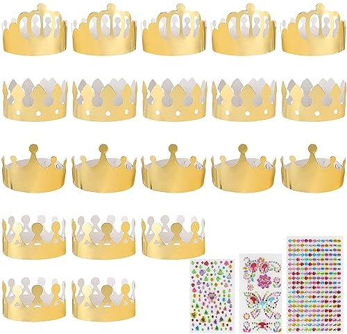 Fyihoxi Set di 20 corone di carta dorate, corone di compleanno, per bambini, con pietre adesive e adesivi, per bambini, adulti, feste di compleanno, 59, Gold