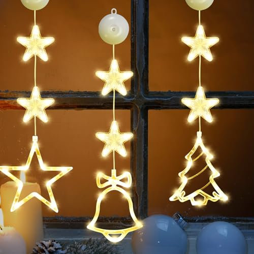 Dzpuhuojz 3 Pcs Battery Operated Christmas Window Hanging LED Lights, Xmas Tree & Bell & Star Shaped Warm White, Indoor & Outdoor Use
