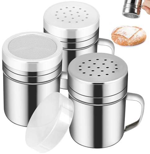 3 Pcs Powdered Sugar Shaker Duster with Handle, Stainless Steel Fine Mesh Shaker Powder Cans with Plastic Lid, Sifter Dredge Shaker for Powder Sugar Cinnamon Cocoa Pepper Coffee Flour