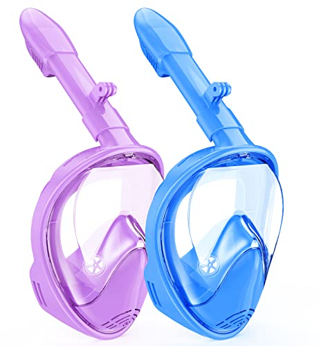 LITTLEJSY Vollgesichts Schnorchelmaske, Schnorchelausrüstung mit Kamerahalterung, 180 Grad Panoramablick Schnorchelset Anti-Fog Anti-Leck für Kinder Jungen (Purple+Blue)