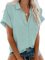 Friptspyg Bluse Damen Lässiges Kurzarm Hemdbluse Sommer V-Ausschnitt 100% Baumwolle Solide Blusenshirt Elegant Oberteile mit Tasche, Blau Grün XL