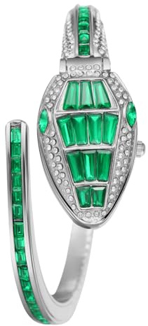 JewelryWe Damenuhr Glitzer Schlangen Uhren: Bling Grün Strass Kristall Analog Quarz Armbanduhr Spangeuhr Damen Silber Offenes Verstellbares Metallarmband Armreif Diamantuhr mit Schlangenkopf Gehäuse