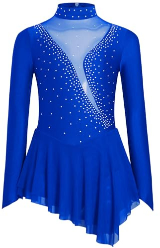 inhzoy Abito da Pattinaggio Artistico Bambina Balletto Leotard Manica Lunga Vestito Ballo Latino Tango Body Danza Classica Ballerina Costume da Danza Samba Salsa Dancewear Blu 9-10 Anni