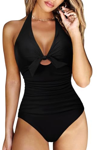 RXRXCOCO V Ausschnitt Push Up Sexy Badeanzug Damen Bauchweg Shape Bademode Neckholder Rückenfrei Badeanzug Mit Cups Swimsuit Schwarz XL
