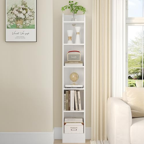 Hzuaneri Libreria, Scaffali a Pavimento a 6 Livelli, Scaffale per Oggetti da Collezione, Pannelli Regolabili, Per Soggiorno, Ufficio, 24 x 30 x 170 cm, Bianco BC06913X
