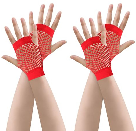 JUNART 2 Pairs of Short Fishnet Gloves, 4 Colours Stretchy Fingerless Mesh Gloves for Masquerade, Cosplay, Retro Costume Accessories(Red)