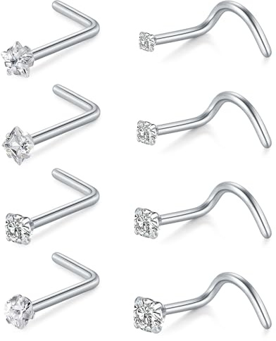 AVYRING Piercing da naso per uomo e donna, in acciaio inox, a forma di L, con zirconi, delicato sulla pelle, sottile, 22 G, 20 g, 18 g, argento e oro, Acciaio inossidabile