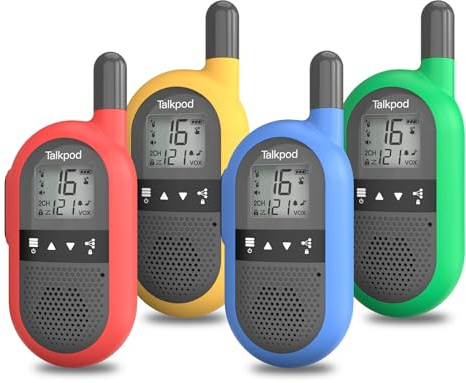 Talkpod Walkie Talkie Set da 4 Ricaricabile, 16 Canali con VOX per Adulti e Bambini, Radio per Escursionismo e Campeggio Regali (Rosso+Giallo+Blu+Verde)