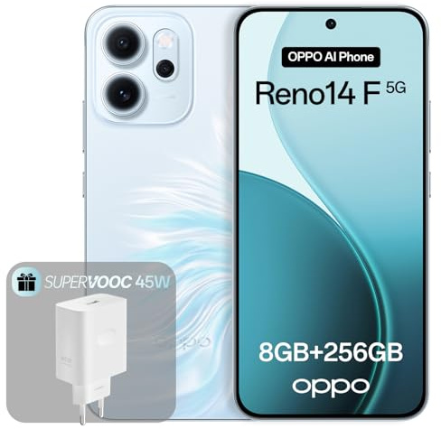 OPPO Reno14 F 5G 8+256GB, AI Android Unlocked Smartphone, 6.57 120Hz AMOLED Display, 50+32MP AI Camera, 6000mAh Battery, IP69 Water Resistance, Opal Blue (Include 45W SUPERVOOC Charger)