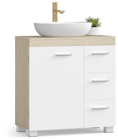 VASAGLE Mobile Sottolavabo per Bagno, Mobiletto da Bagno, 3 Cassetti Laterali, 2 Scomparti dietro l'Anta, Piedini, 30 x 60 x 64 cm, Bianco Nuvola e Beige Naturale BBK514LL01