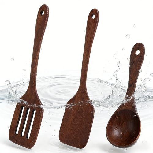 LOLANIUT 3 Stück pfannenwender holz Set, praktische holzspatel und Holz pfannenwender aus natürlichem küchenutensilien Holz für schonendes, hitzebeständiges Kochen in Antihaft-Pfannen