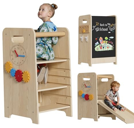 Toddler Tower, 4-in-1 Foldable Learning Tower Kids Step Stool with Chalkboard and Slide, 4 Levels Adjustable Heights, Multifunctional Kitchen Helper Standing Toddlers for 18 Months - 6 Years