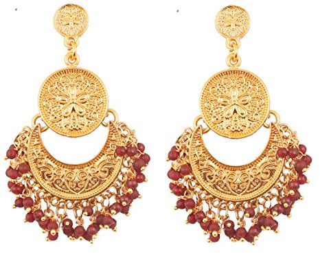 Touchstone indiska Bollywood hamrade och präglade traditionella röda pärlor charmiga utseende dinglande Chand Baali Half Moon Motiv Designer smycken örhängen i guld ton för kvinnor.
