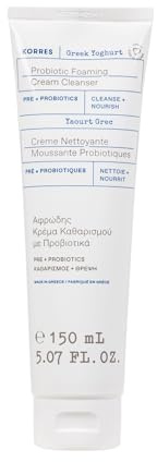 KORRES Greek Yoghurt Foaming Cream Cleanser, Hydrating, Deep Cleansing Skin Care, Makeup Remover, Face Wash for Women, Cream to Foam Facial Cleanser for Dry, Oily, Sensitive, Any Skin Type, 5.07 fl oz