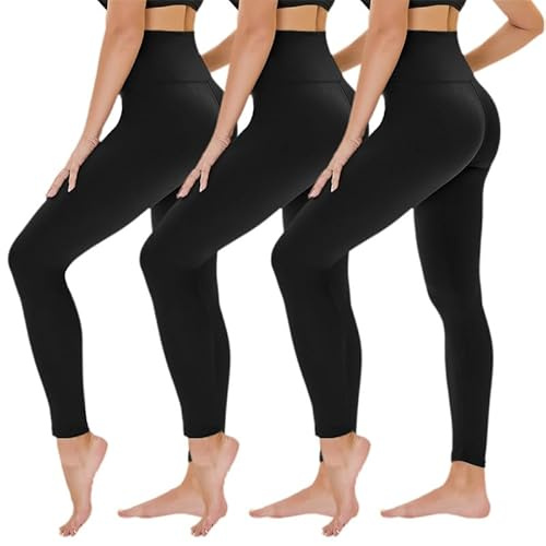TNNZEET Damer 3-pack basics leggings Slim Fit hög midja leggings byxor bekväma byxor långa underkläder yoga byxor lediga fritidsbyxor