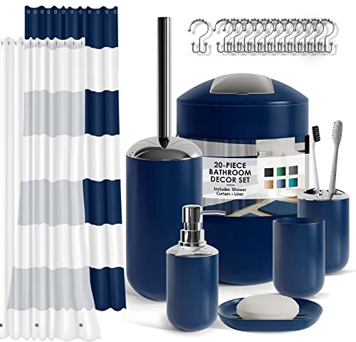 Clara Clark Bathroom Set - Navy Bathroom Accessories Set, 20PC Bathroom Accessory Set, Shower Curtain Set with Liner, Toothbrush Holder, Soap Dispenser, Soap Dish, Toilet Brush Holder, and Trash Can