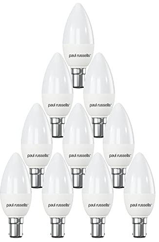 paul russells LED Light Small Bayonet Cap B15, 40watt Equivalent, 4.9W 470LM LED Bulbs, 6500K Bright Daylight, Frosted C35 SBC Candle Energy Saving Non-Dimmable Chandelier Lightbulbs, Pack of 10