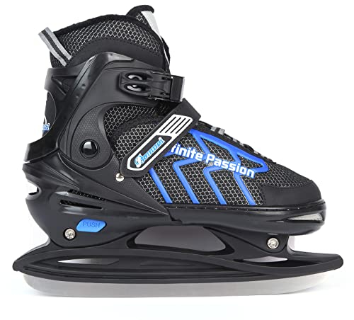 Verstellbar Eishockey Schlittschuhe für Herren Damen Erwachsene Kinder, Edelstahl Ice Skates, Eislaufschuhe mit Schnellschnürsystem & Push-Lock-Schnalle für Sicheren Halt (Schwarz blau, M35_38)