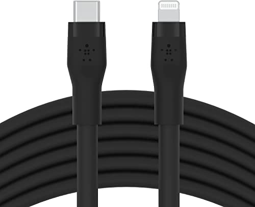 Belkin BoostCharge Flex Silicone USB Type C to Lightning Cable (3M/10ft), MFi Certified 20W Fast Charging PD Power Delivery for iPhone 14/14 Plus, 13, 12, Pro, Max, Mini, SE, iPad and More - Black