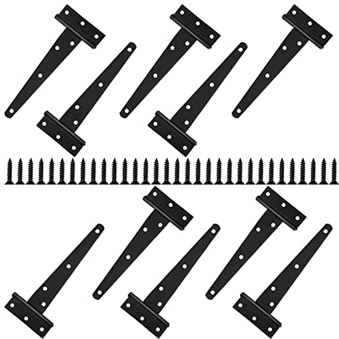 Lot de 10 Charnières Porte en T Robuste, 15 cm Charnière de Porte en Bois Métallique Noire pour Porte en Bois, Porte D'armoire Spendue, Charnière de Porte de Remise, Jardin de Clôture - Avec 70 Vis