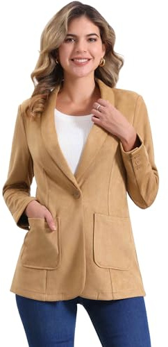 Allegra K Blazer da donna in finta pelle scamosciata con risvolto a maniche lunghe, giacca da lavoro da ufficio, cachi, 40