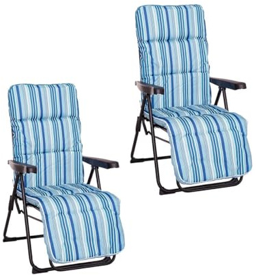 LOLAhome Set de 2 Sillones de Jardín Acolchado, Reclinable con Reposapiés Azul. Estructura de Tubo de Acero anticorrosión y Lona a Rayas. Colchón de 5 cm de Grosor, Plegable. 61x58x106 cm.
