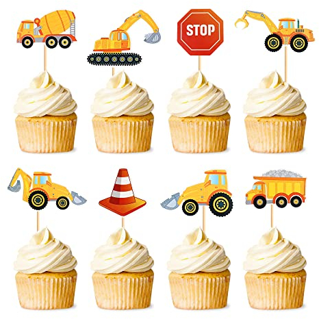 24 Stück Straßenschild Baufahrzeug Cupcake Topper LKW Bagger Kuchen Dekorieren Auto Baby Jungen Kinder Geburtstag Kuchen Topper Papier Kuchen Picks Party Dekoration Zubehör