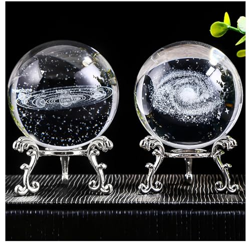 Regerly Kristallkugel Ornamente 2 Stück Galaxie Planeten Modell Kristallkugel 3D Kristall Planet Sonnensystem Modell mit silbernem Ständer Galaxy Ball Glaskugel Astronomisches Geschenk für Kinder