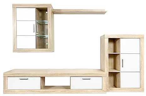 Somnia Descanso - Mueble de Salón Moderno con Leds, Módulos de Comedor, Modelo Livia, Acabado en Blanco y Cambria, Medidas: 259 cm (Ancho) x 132,5 cm (Alto) 40 cm (Fondo)