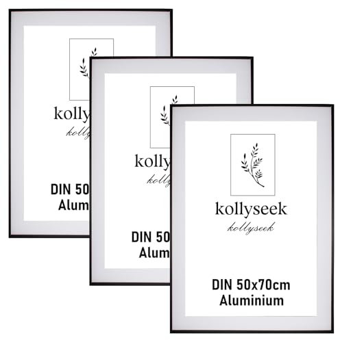 kollyseek 3 marcos de fotos de aluminio, 50 x 70 cm, marco de póster de metal negro con cristal acrílico irrompible moderno marco de fotos con paspartú para fotos, pósteres, fotos