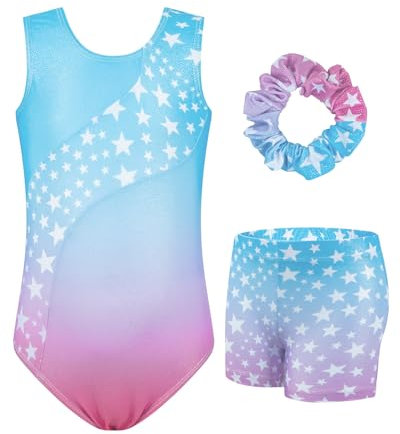 JiAmy Turnanzug Mädchen, Gymnastikanzug Kinder mit Hose Haarband Set, Glänzendes Gymnastik Turnanzug Leotard für 6-7 Jahre Blaue Sterne