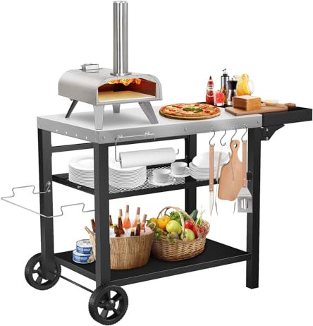 Denmay Mesa de barbacoa de acero inoxidable, 116 x 54 cm, con 3 niveles, soporte para horno de pizza, mesa para exteriores, carrito de trabajo con 4 ganchos, mesa auxiliar, carrito de cocina