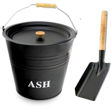 ADEPTNA Heavy Duty 12L Steel Ash Bucket with Lid Wooden Handle With Shovel - Fireplaces Fire Pits Wood Coal Burning Stove Metal Charcoal Bin Box Outdoor Indoor Galvanised Black