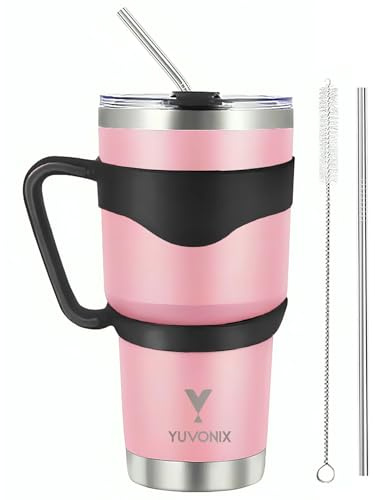 YUVONIX Stainless Steel Tumbler with Handle & Straw – 30oz Double Wall Insulated Travel Cup, Splash-Resistant Lid, BPA-Free Coffee Mug (Pink)