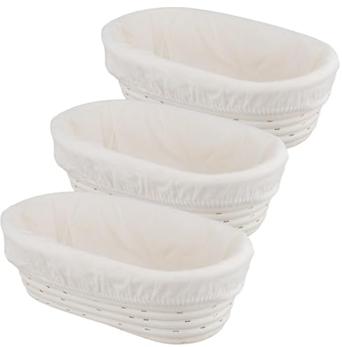KOHAND 3 Pack 25cm Bread Proofing Baskets, Oval Sourdough Proving Basket with Linen Liner, Banneton Proofing Basket for Professional Home Bakers
