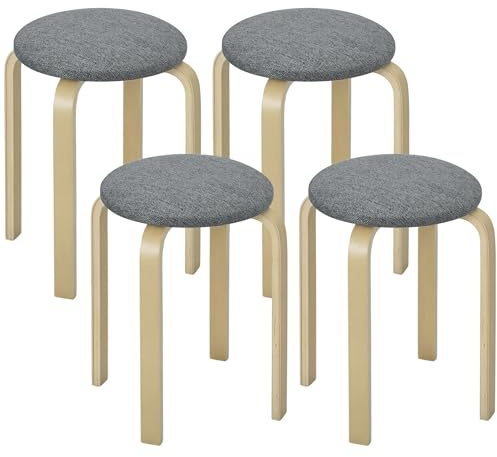 HOMCOM Juego de 4 Taburetes Apilables Redondos Taburetes Bajo de Cocina de Madera con Asiento Acolchado para Comedor Dormitorio Oficina Salón Gris y Natural